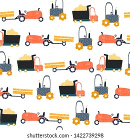 Seamless pattern with funny farm transports. Kids trendy print. Vector hand drawn illustration.