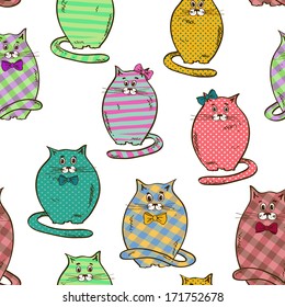 Seamless pattern of funny fat colorful patterned cats