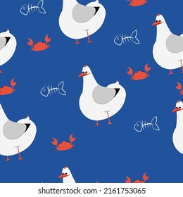 Seamless pattern with funny fat seagull, fish and crab. Marine vector background for fabric, textiles, wallpaper and children's clothing.