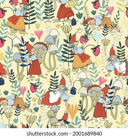Seamless pattern with funny female gnome gathering berries, mushrooms, flowers. Fairy tale elf girls in red hats and wooden shoes in the forest. Vector illustration for children