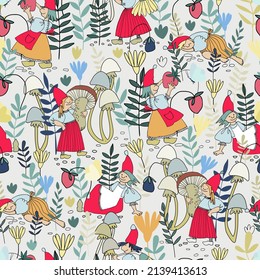 Seamless pattern with funny female gnome gathering berries, mushrooms, flowers. Fairy tale elf girls in red hats and wooden shoes in the forest. Vector illustration for children