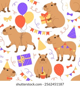 Seamless pattern with funny festive capybaras, gifts, balloons, party hats, garlands, bows and cupcake on white. Cute birthday capibaras. Vector flat illustration for wallpaper, textile, packaging 