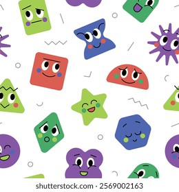 Seamless pattern with funny figures. Colorful cute shapes with facial expressions. Vector illustration 