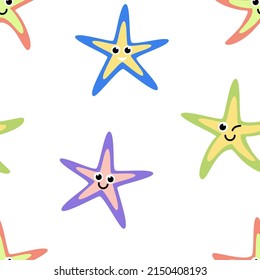 Seamless Pattern With Funny Finger Fish. Sea Star. Cartoon, Flat. Isolated Vector Illustration Eps