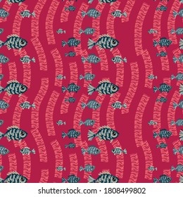 Seamless pattern from funny fish and algae. Design for textiles, paper, packaging, bedding, baby clothes from colorful elements in flat, cartoon style. Vector illustration.