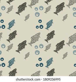 Seamless pattern from funny fish and algae. Design for textiles, paper, packaging, bedding, baby clothes from colorful elements in flat, cartoon style. Vector illustration.