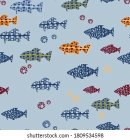 Seamless pattern from funny fish and algae. Design for textiles, paper, packaging, bedding, baby clothes from colorful elements in flat, cartoon style. Vector illustration.