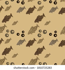 Seamless pattern from funny fish and algae. Design for textiles, paper, packaging, bedding, baby clothes from colorful elements in flat, cartoon style. Vector illustration.