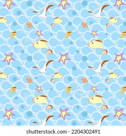 Seamless pattern with funny fish, seashells, seagulls, stars. Children's design. Can be used in textile industry, paper, background, scrapbooking.
