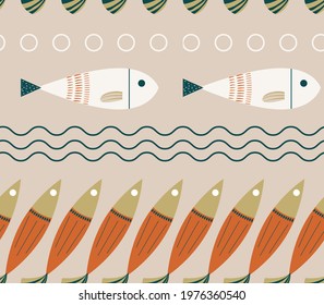 Seamless pattern with funny fishes. Creative Scandinavian texture for fabric, packaging, textile, wallpaper, clothing. Vector illustration isolated on white background.