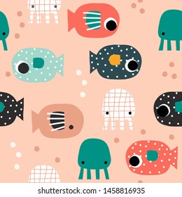Seamless pattern with funny fishes and octopuses. Childish underwater print. Vector hand drawn illustration.