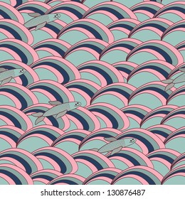 Seamless Pattern with funny fishes and stylized waves.