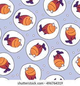 Seamless pattern with funny fishes and water blue background for children and kids. Handmade cartoon style. Vector illustration