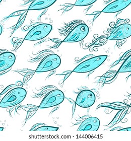 Seamless pattern with funny fishes for your design