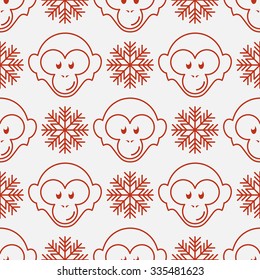 Seamless pattern with funny flat cartoon red monkey heads and snowflakes. Vector illustration.