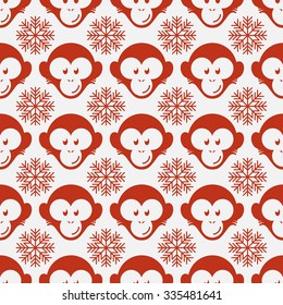 Seamless pattern with funny flat cartoon red monkey heads and snowflakes. Vector illustration.