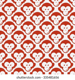 Seamless pattern with funny flat cartoon red monkey heads. Vector illustration.