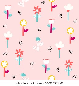 Seamless pattern with funny flowers. Cute pastel print. Vector hand drawn illustration. 