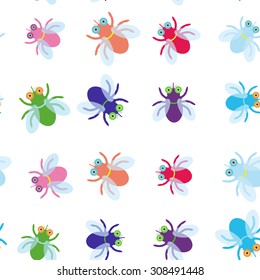 Seamless pattern Funny fly colorful red green blue violet pink with transparent wings on white background. Vector