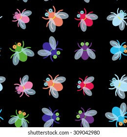 Seamless pattern Funny fly colorful red green blue violet pink with transparent wings on black background. Vector