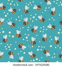 Seamless pattern with funny flying bees and stars on blue background. For scrapbooking, fabric, diary, phone cases, wrapping paper, notebook covers.Stock vector illustration