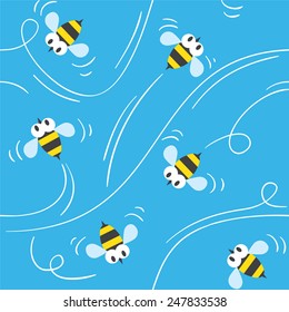 Seamless pattern with funny flying bees on sky background. Children vector illustration