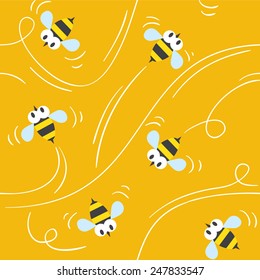 Seamless pattern with funny flying bees on honey background. Children vector illustration