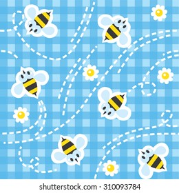 Seamless pattern with funny flying bees and flowers on blue checkered tablecloth background. Children vector illustration