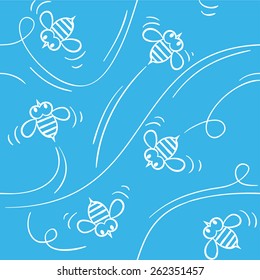 Seamless pattern with funny flying handdrawn bees on sky background. Children vector illustration