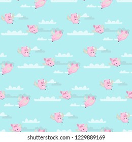 Seamless pattern with funny flying pink pigs against the sky