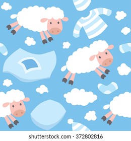 Seamless pattern with funny flying sheeps