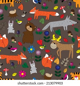 Seamless pattern with funny forest animals