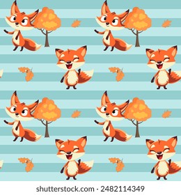 Seamless pattern with funny fox and autumnal leaves. Cartoon fox background. Autumnal pattern