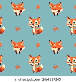 Seamless pattern with funny fox and leaves. Cartoon fox background. Autumnal pattern