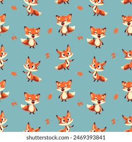Seamless pattern with funny fox and leaves. Cartoon fox background. Autumnal pattern
