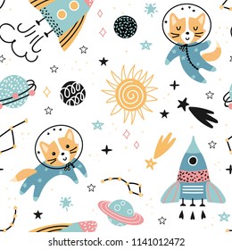 Seamless pattern with funny foxes astronauts in space with rockets and stars. Vector illustration for children.