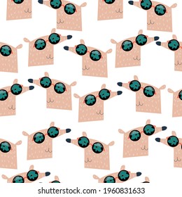Seamless pattern of funny foxes in hipster glasses. Vector illustration on white background. 