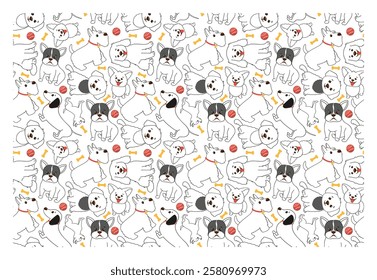 Seamless pattern with funny french bulldog puppy - characters with happy faces. Vector pattern for fabric, cover, wrapping paper.