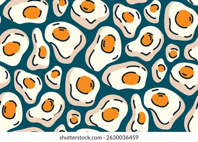 Seamless pattern with funny fried eggs. Funny repeating wallpaper, textile print, graphic surface design in doodle style. Hand drawn broken eggs on blue background. Vector illustration.