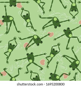 Seamless pattern with funny frog doing yoga. Written phrase - I love yoga