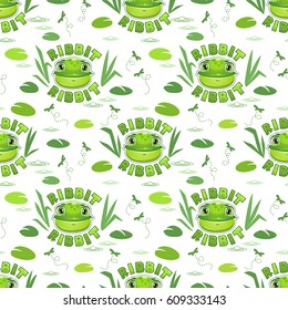 Seamless pattern with funny frog faces. Vector childish texture.