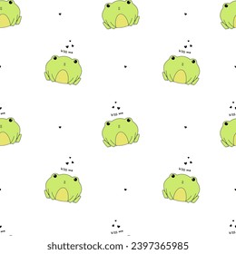 Seamless pattern with funny frog kiss. Can be used for wallpaper, wrapping paper, clothes pattern, pattern fill, fabric, textile, background, apparel, nursery interior, birthday card