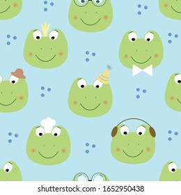 Seamless pattern with funny frogs faces  wearing glasses, hats and other accessory.Vector background for wrapping paper and baby textile.