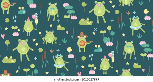 Seamless pattern with funny frogs.  Limited color palette. Can be used for children textile design, wallpapers, decoration.