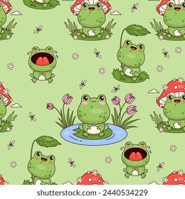 Seamless pattern with funny frogs on green background. Cute kawaii animal character. Vector illustration. Kids collection