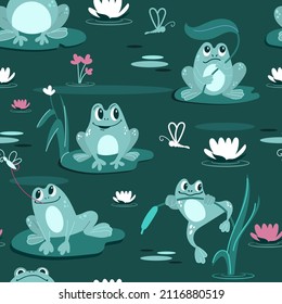 Seamless pattern with funny frogs in the swamp. Cartoon-style illustration. vector.