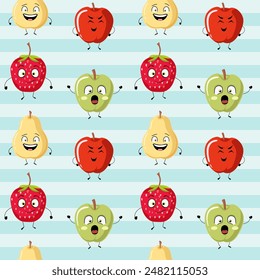 Seamless pattern with funny fruits characters. Cute fruits background. Cartoon fruits with emotions. 