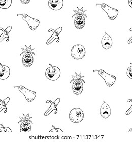 The seamless pattern with funny fruits (pear, apple, banana, lemon, pineapple, orange)