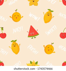 Seamless pattern with funny fruits. Vector illustration for kitchen decoration, product design, food wrapping