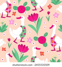 Patrón sin costuras con gansos divertidos en ropa brillante y flores sobre un fondo rosa. Ilustración vectorial. Lindo patrón de la naturaleza dibujado a mano para los niños. Perfecto para textiles, envolturas o ropa de cama.